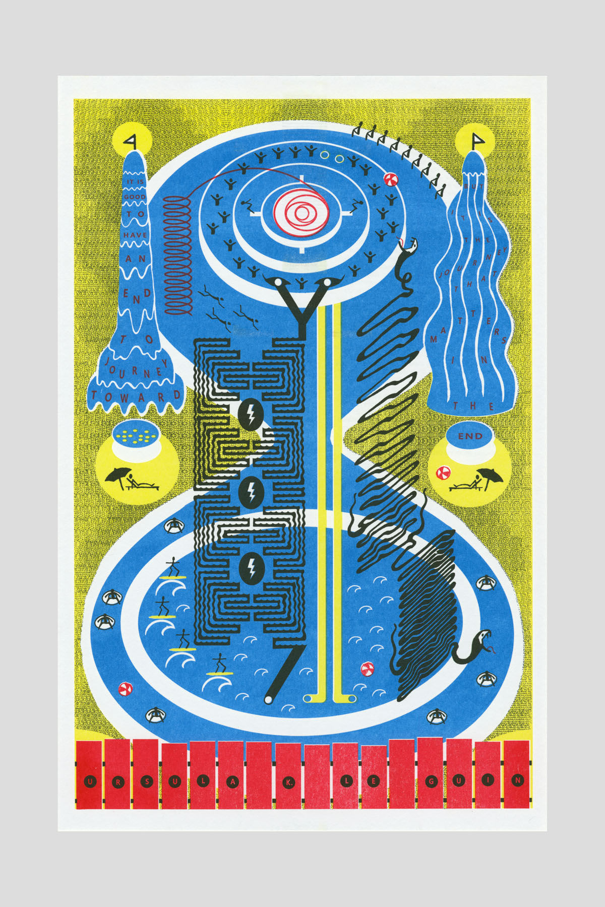 Risograph poster in blue and olive green with abstract, maze-like shapes, spirals, and small icons arranged in a symmetrical pattern, referencing Ursula K. Le Guin.