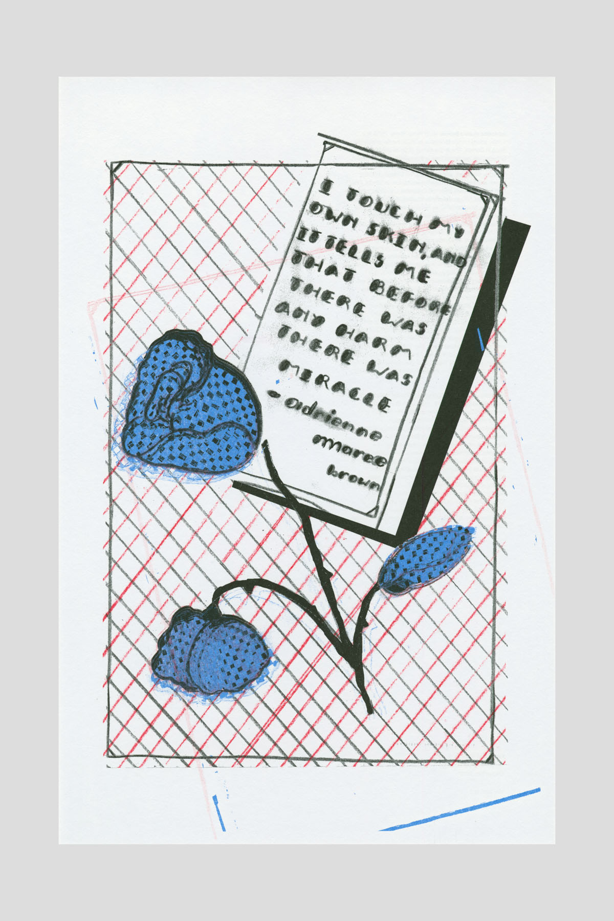 Risograph poster with a cross-hatched red pattern background, an open book, and blue flowers, with the handwritten text "I touch my own skin, and it tells me that before there was any harm there was miracle." —adrienne maree brown.